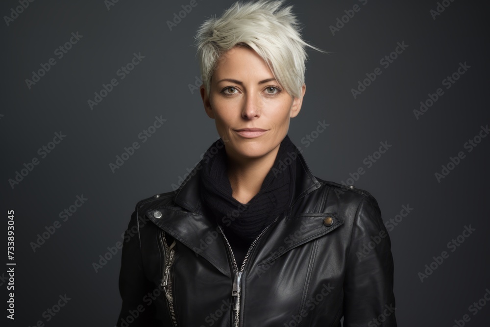 Portrait of a beautiful woman with short blond hair in a black leather jacket Portrait of a beautiful woman with short blond hair in a black leather jacket