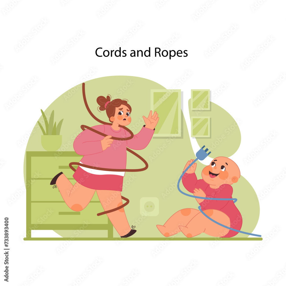 Strangulation hazard. Young girl entangled in rope, trying to get out, while toddler plays with a cord. Critical reminder of the dangers they pose and need for childproofing. Flat vector illustration