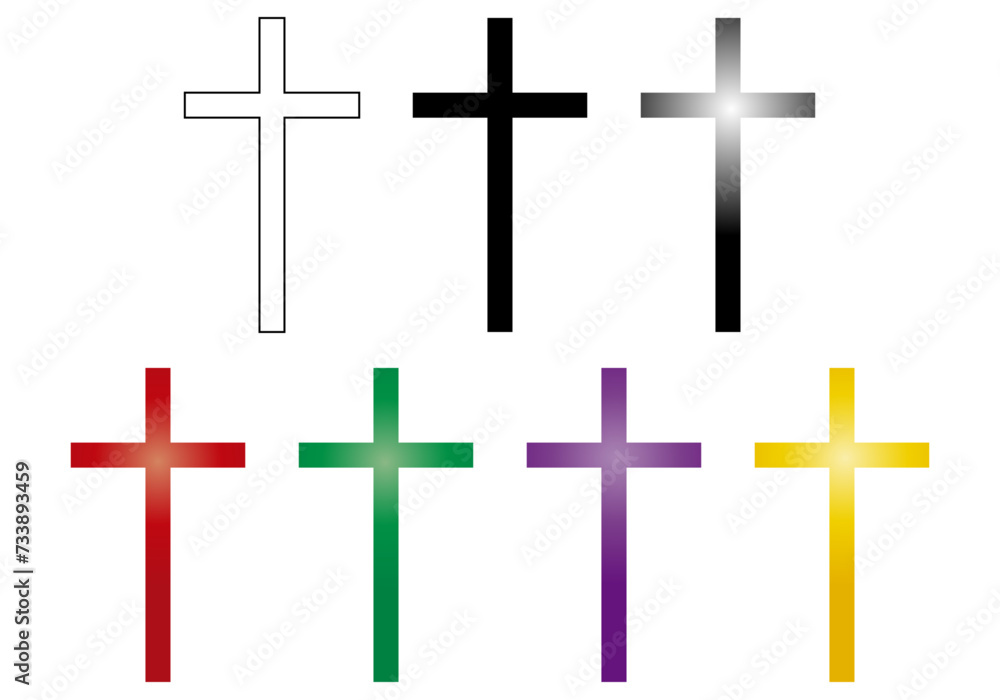 Hoja de iconos de 7 cruces latinas en blanco, negro, degradado blanco y negro, rojo, verde, morado y dorado. Semana Santa. Cristianismo
