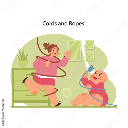 Strangulation hazard. Young girl entangled in rope, trying to get out, while toddler plays with a cord. Critical reminder of the dangers they pose and need for childproofing. Flat vector illustration