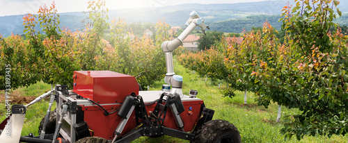 Autonomous agricultural robot with robotic arm. Smart farm concept.