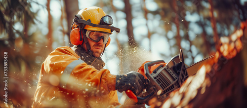 Outdoor work, lumberjack cutting timber with a powerful chainsaw. Forestry worker in action, chainsaw in hand, amidst a forest backdrop. photo