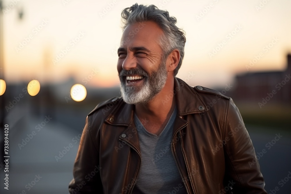 Portrait of a handsome middle-aged man smiling outdoors at sunset Portrait of a handsome middle-aged man smiling outdoors at sunset