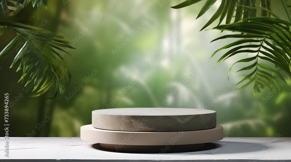Cosmetics product advertising podium stand with tropical palm leaves background. Empty natural stone pedestal platform to display beauty product. Mockup