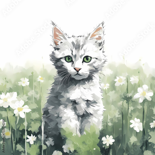 Illustration with a cute white kitten and white flowers on green grass. Bold large brush strokes, black outline. The picture is ideal for the design of posters, cards, wallpaper, covers, phone cases.