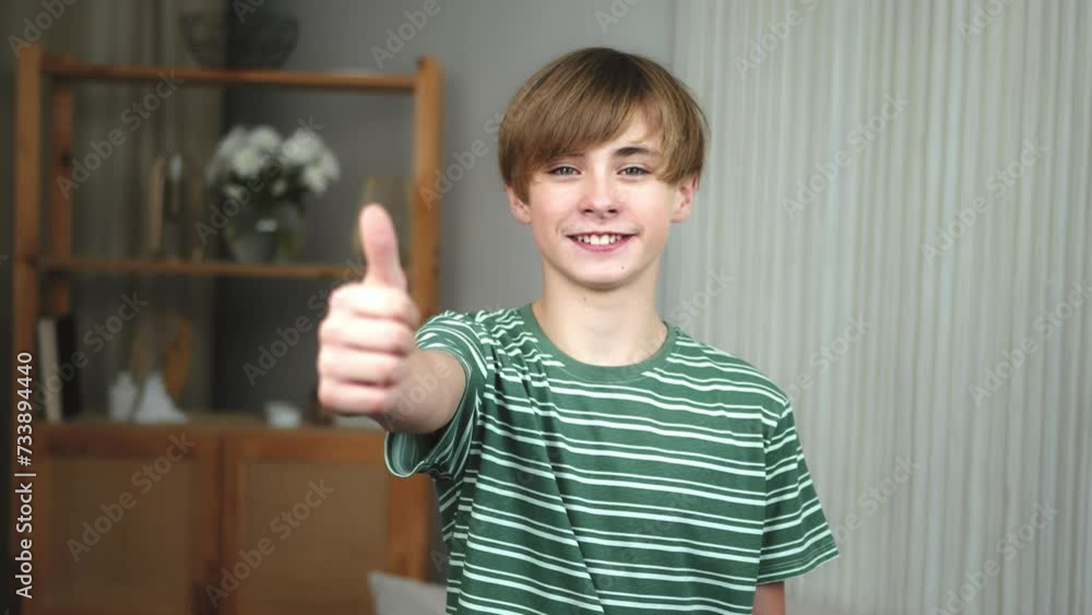 Portrait of smiling happy boy teenager showing thumbs up gesture looking at camera, standing at home. Kid shows like sign, symbol of success, approve, advertisement Portrait of smiling happy boy teenager showing thumbs up gesture looking at camera, standing at home. Kid shows like sign, symbol of success, approve, advertisement