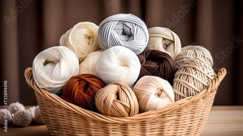 Craft knitting hobby background with yarn in natural colors. Recomforting hobby to reduce stress for cold fall and winter weather.