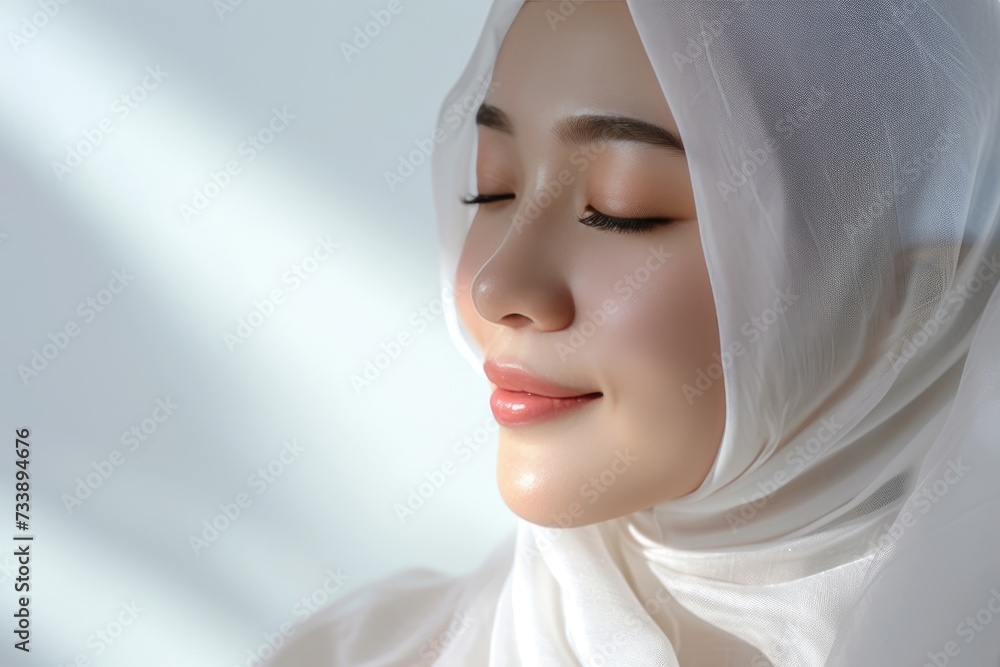 pose of hijab woman wearing white veil smiling and close her eyes with copyspace on white background pose of hijab woman wearing white veil smiling and close her eyes with copyspace on white background