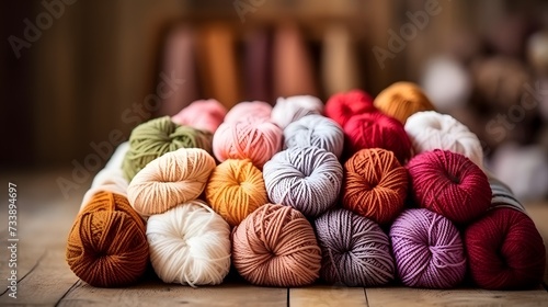 Craft knitting hobby background with yarn in natural colors. Recomforting hobby to reduce stress for cold fall and winter weather. photo