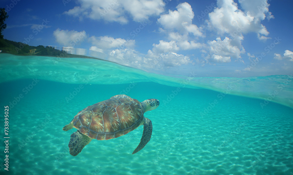 a sea turtle swimming on a beach on the island of Curacao