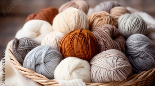 Craft knitting hobby background with yarn in natural colors. Recomforting hobby to reduce stress for cold fall and winter weather.