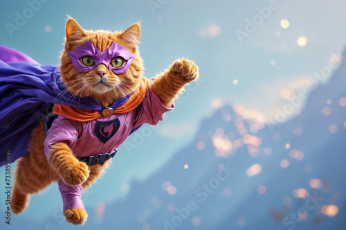 Cute orange tabby kitty with a purple cloak and mask jumping and flying on light blue sky background, Cat superhero flies over the city © NullByte Store
