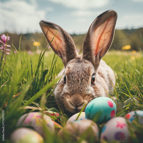 Wall Mural Easter bunny in a field with easter eggs