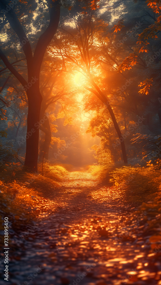 Sunset in the forest, a sunlit path through an autumn forest is dappled with golden light filtering through the trees