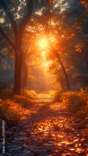 Sunset in the forest  a sunlit path through an autumn forest is dappled with golden light filtering through the trees