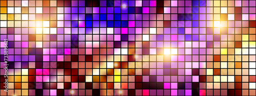 Mirror paillette texture in a disco ball sparkling pattern. Night club bg featuring a mosaic of carnavals in purple and gold. A sophisticated background for a party. Vintage-style abstract wallpaper. photo