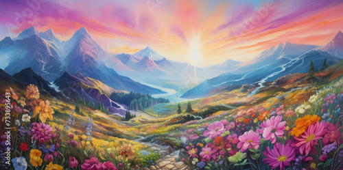 Paintings of flower gardens, beautiful colorful mountain backdrops and landscapes.