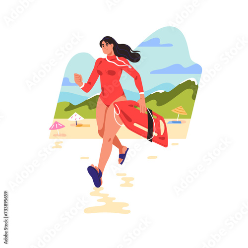 Woman lifeguard hurries up to rescue people on the water. Rescuer with whistle runs on beach, holds aid board. Emergency seashore security. Flat isolated vector illustration on white background