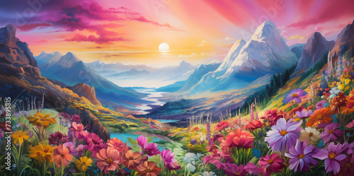 Paintings of flower gardens, beautiful colorful mountain backdrops and landscapes.