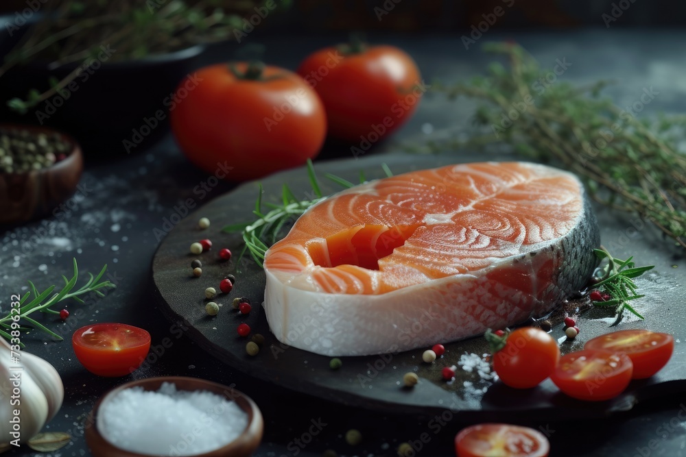 Fresh raw salmon steak with vegetables on dark background. Healthy food recipe Fresh raw salmon steak with vegetables on dark background. Healthy food recipe