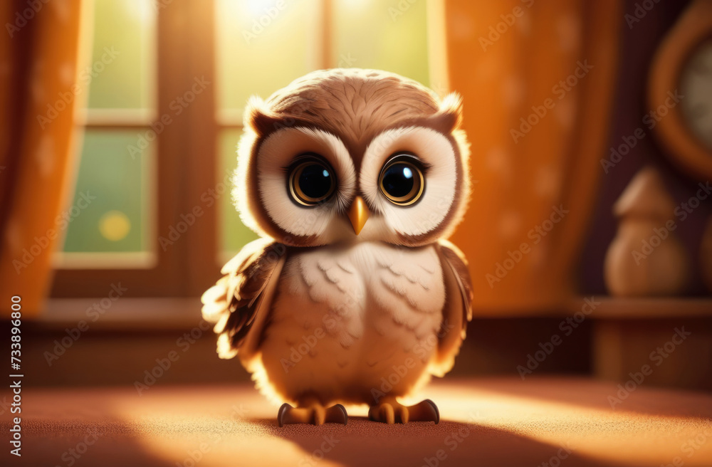 Cute owl sitting in room at sunset, soft focus background.