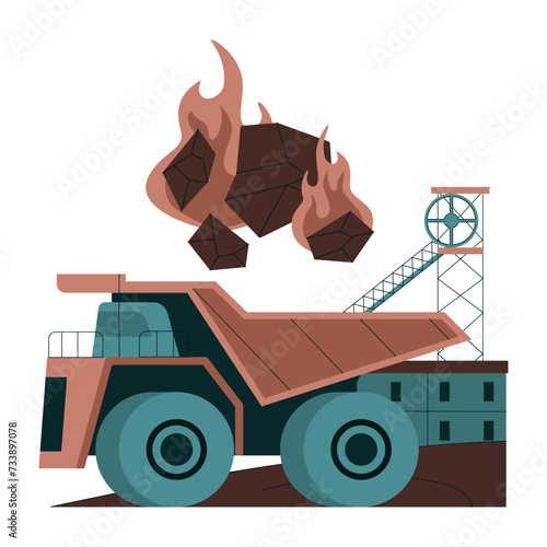 Fossil fuel. Fossil resources extraction. Earth raw materials depletion. Mining dump truck transporting flaming coal. Flat vector illustration