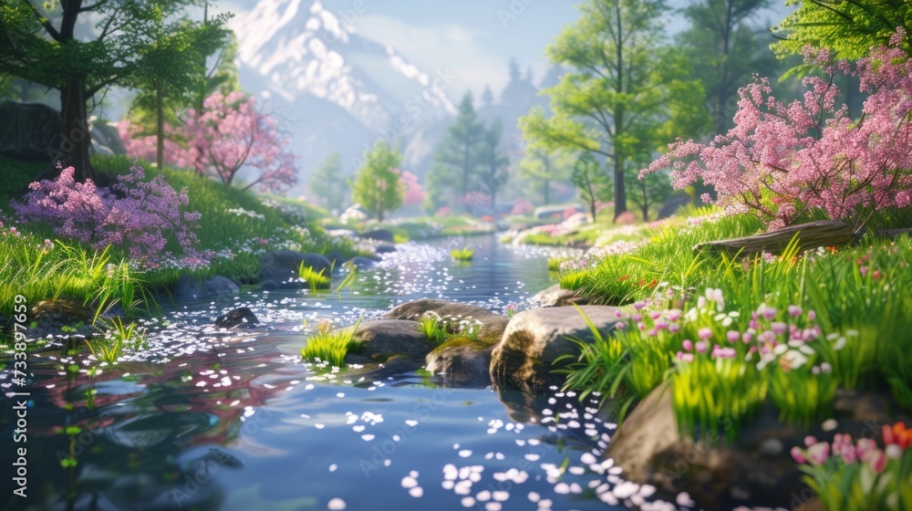 Stream winding through a spring meadow, alive with Grow Your Own colors