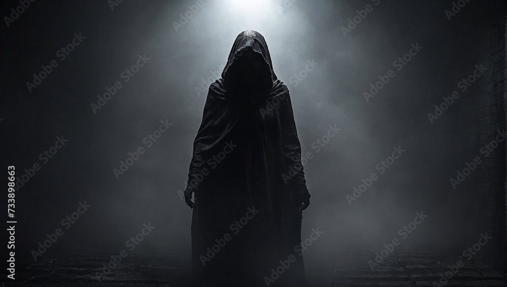 silhouette of a person in a hood - obrazy, fototapety, plakaty 