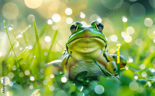 Green frog  in green grass and water drops