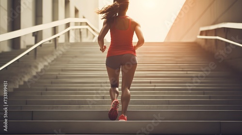 Woman running up the stairs, interval training.
 photo