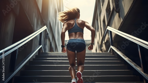 Woman running up the stairs, interval training.
 photo