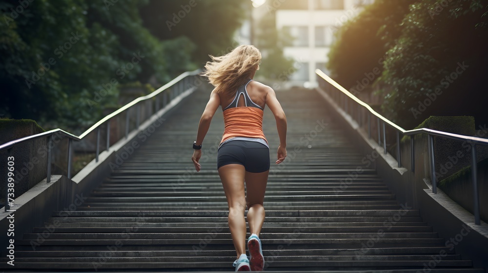 Woman running up the stairs, interval training.
