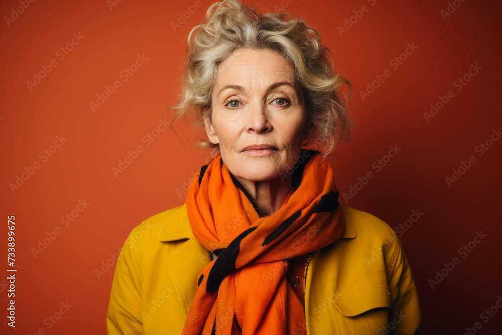 Portrait of senior woman in yellow coat and orange scarf on red background. Portrait of senior woman in yellow coat and orange scarf on red background.