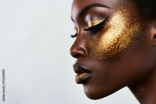 close-up profile of african american woman with golden blush on the cheek, light grey background with copy space photo