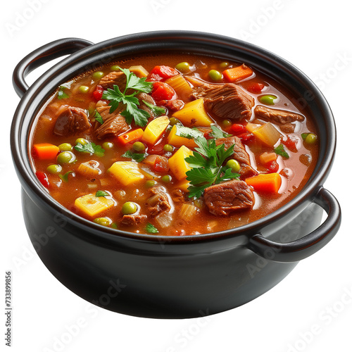 Pot of Vegetable beef soup Isolated on transparent background