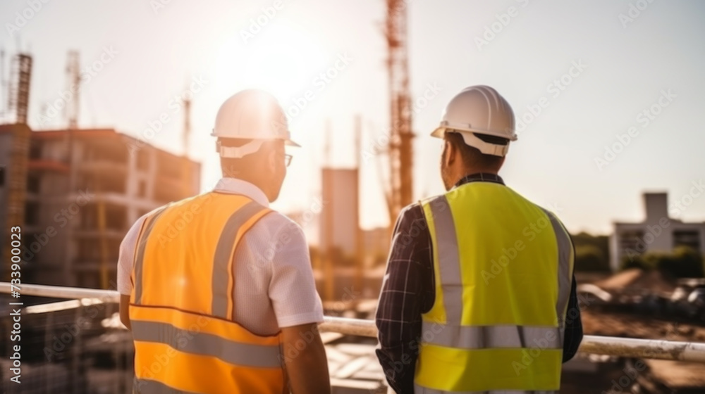 A team of construction engineers talks to managers and construction workers at the construction site. A team of construction engineers talks to managers and construction workers at the construction site.