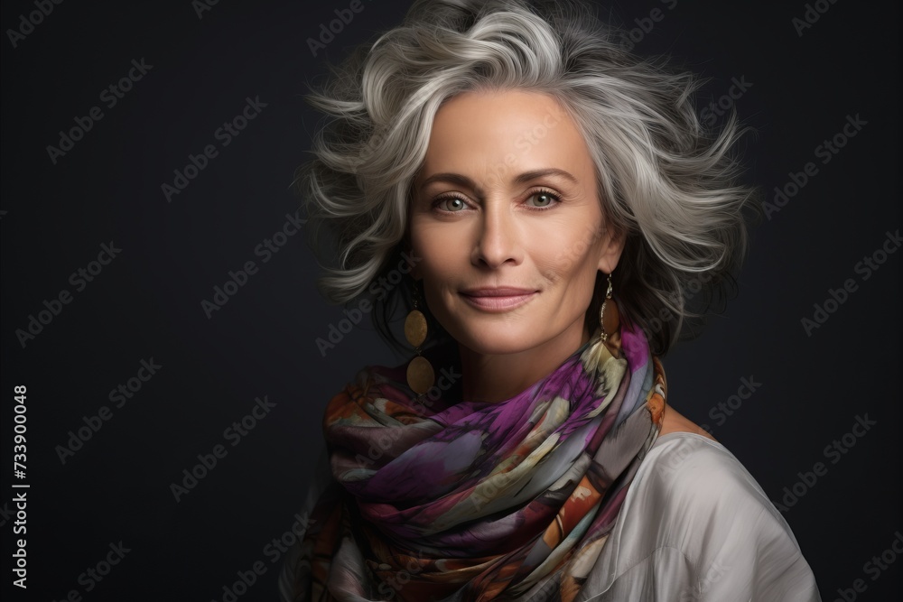 Portrait of a beautiful middle-aged woman with gray hair and a colorful scarf. Beauty, fashion.
