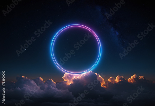 Illuminated neon ring in the night sky with clouds  creative background