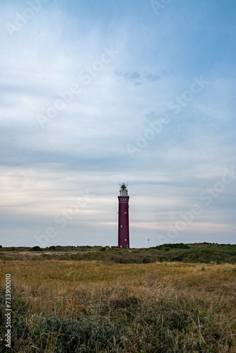 This image presents a solitary red lighthouse rising above a sprawling heathland along the coast. The lighthouse's stark, vertical lines contrast with the horizontal expanse of the natural landscape