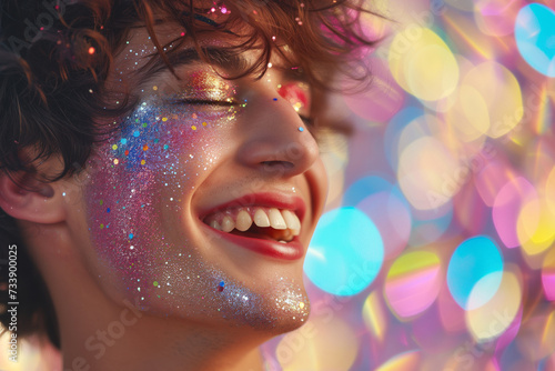 Young gay man with sparkling make-up and red lips on the glitter background