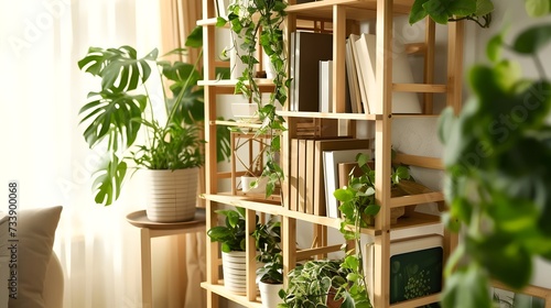 Indoor Wooden Shelves Adorned with Lush Houseplants