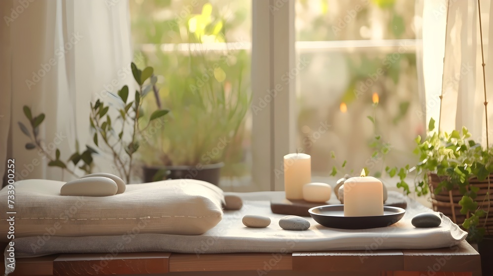 Tranquil Home Spa Setup with Candles and Stones Tranquil Home Spa Setup with Candles and Stones