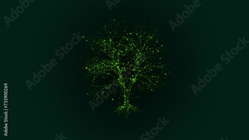 A fluorescent green tree forms from flying particles, with camera movements including zoom, rotation, and dolly, plus an alpha channel. photo