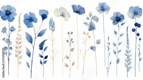 Dry pressed wild flowers isolated on white background