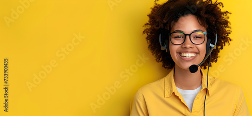 Smiling young woman in a yellow shirt with headset, customer support. Copy space, banner