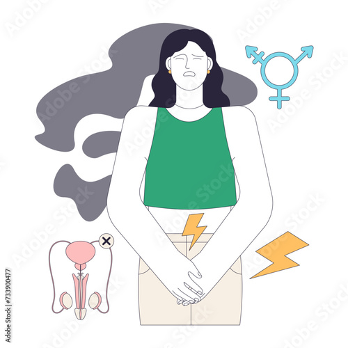 Gender transition complications. Challenges and discomfort from post bottom surgery. Complex journey of transition. Reproductive organ postoperative pain. Flat vector illustration