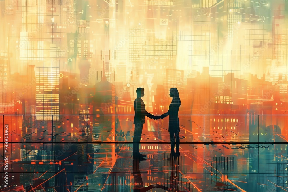 Image of a businessman and woman shaking hands with a city background.