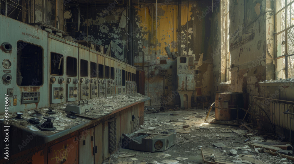 Obraz premium a apocalyptic photo view on the chernobyl nuclear power plant after the catastrophe in 1986 in the ukraine ussr. old soviet ruins