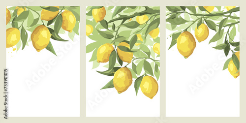 Summer card with lemon branch -- free hand drawing. Collection of posters with citrus fruits, vector illustration, label. 	