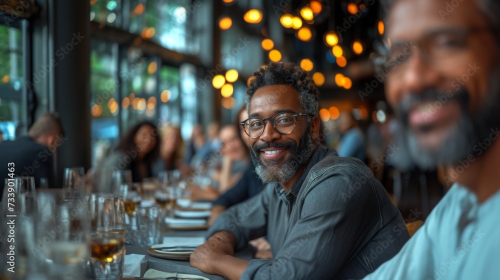 Portrait of smiling african american man sitting at table in restaurant.